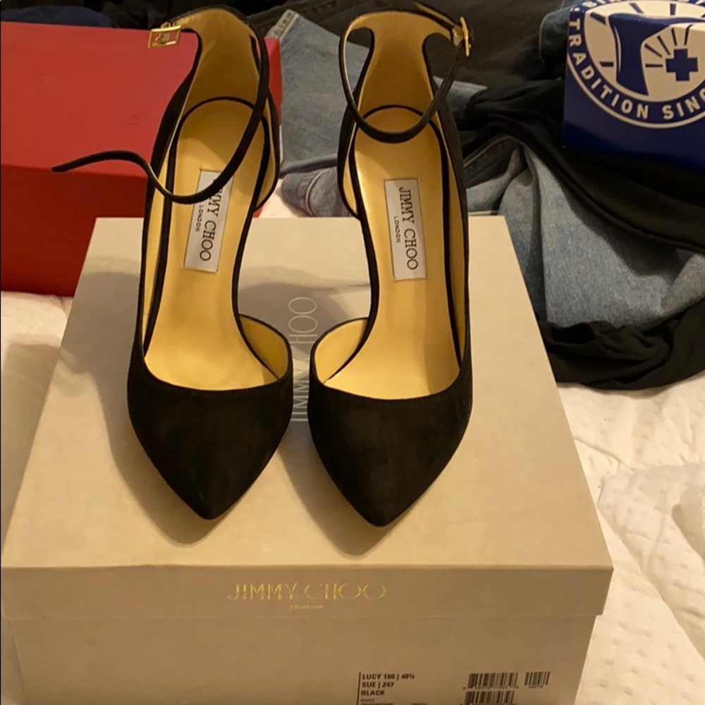 Jimmy Choo Black Suede Pointed Toe Ankle Strap Heels